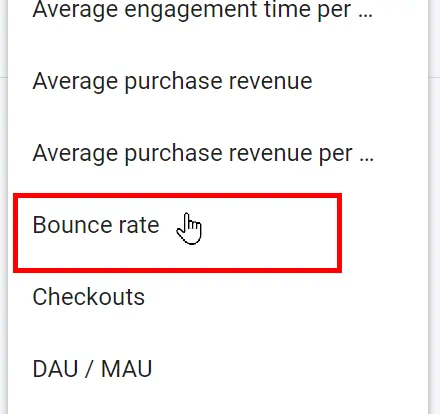 scegli bounce rate nelle metriche disponibili in GA4